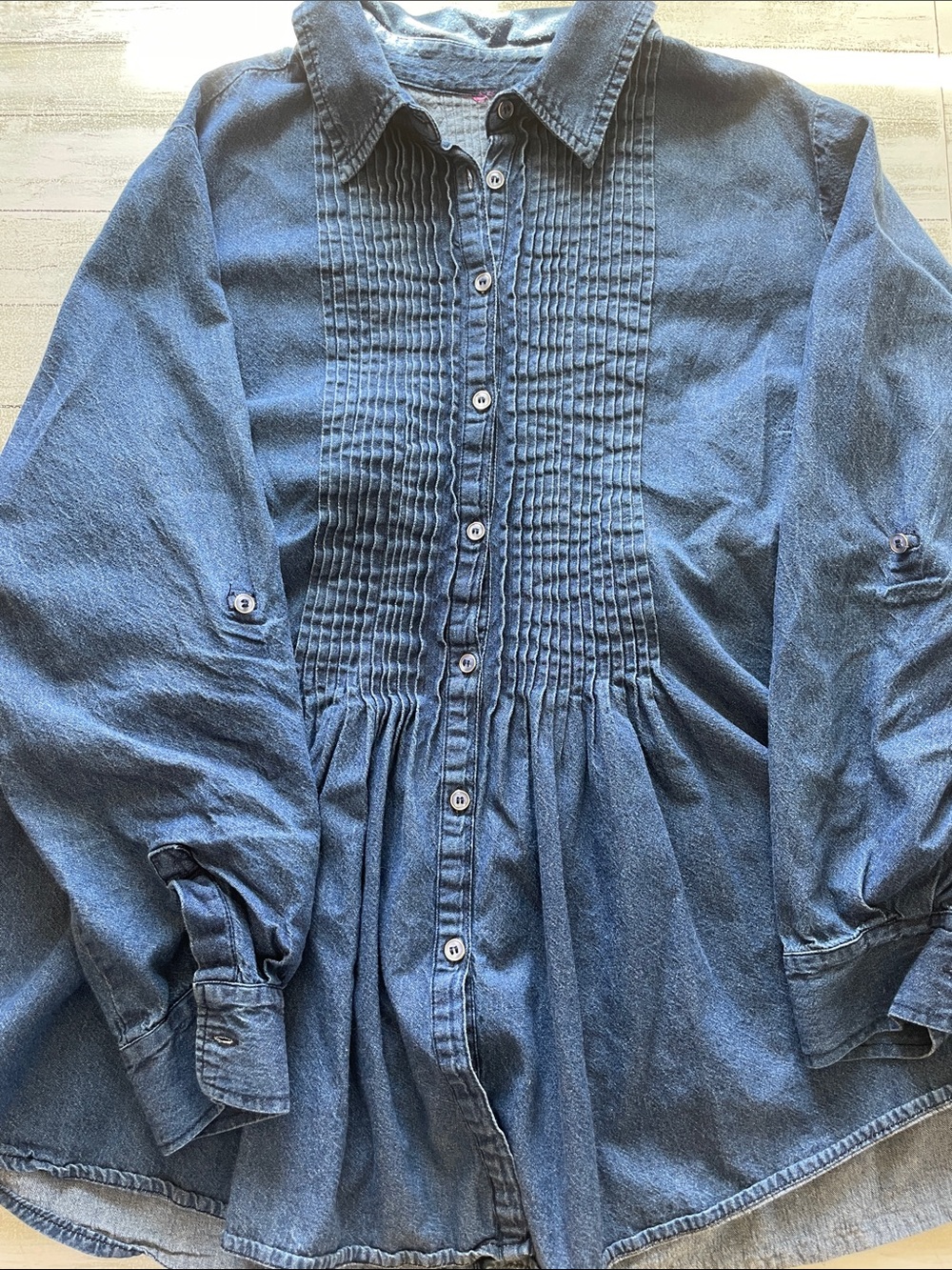Button-Front Denim Tunic Shirt in Medium Blue